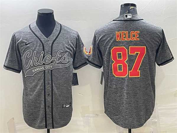 Mens Kansas City Chiefs #87 Travis Kelce Gray With Patch Cool Base Stitched Baseball Jersey
